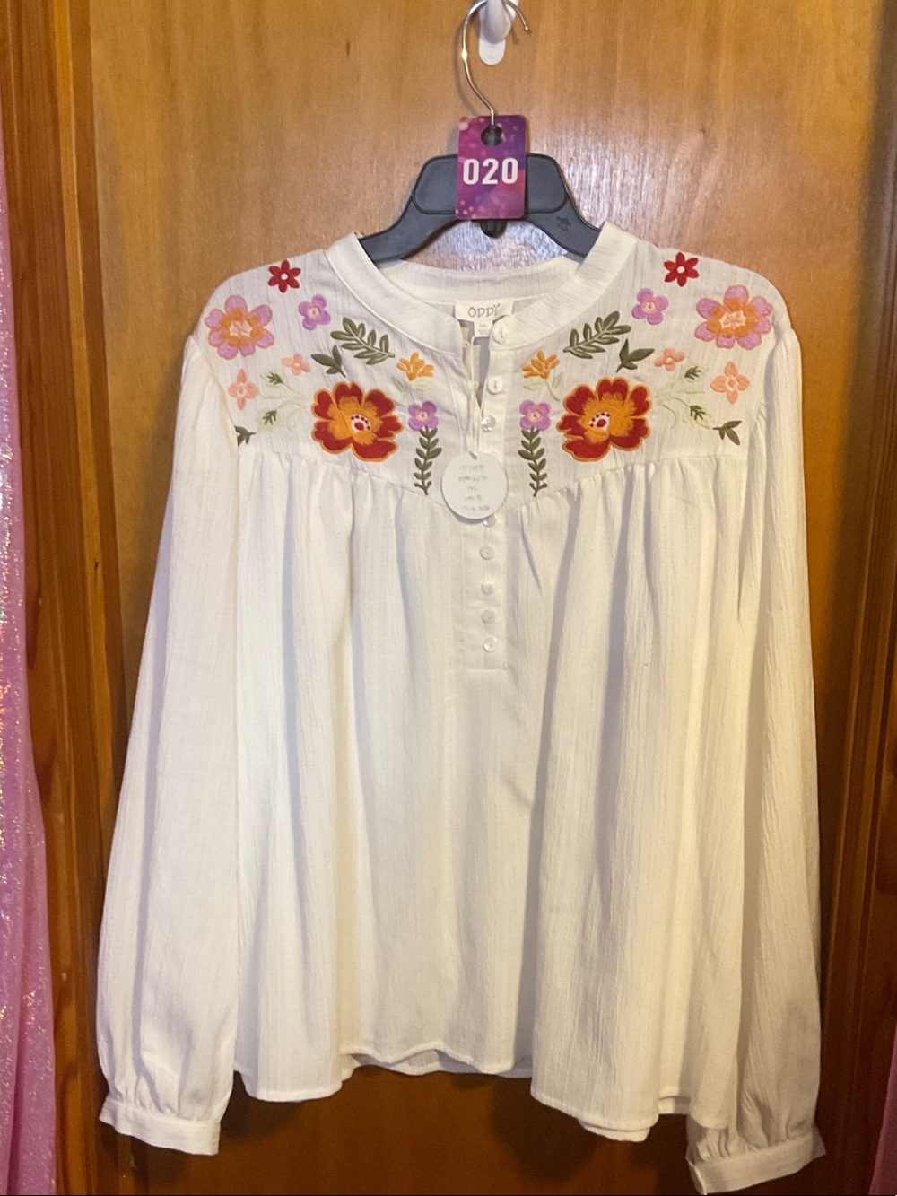 20 - ODDY White Peasant Blouse with Multicolor Floral Embroidery